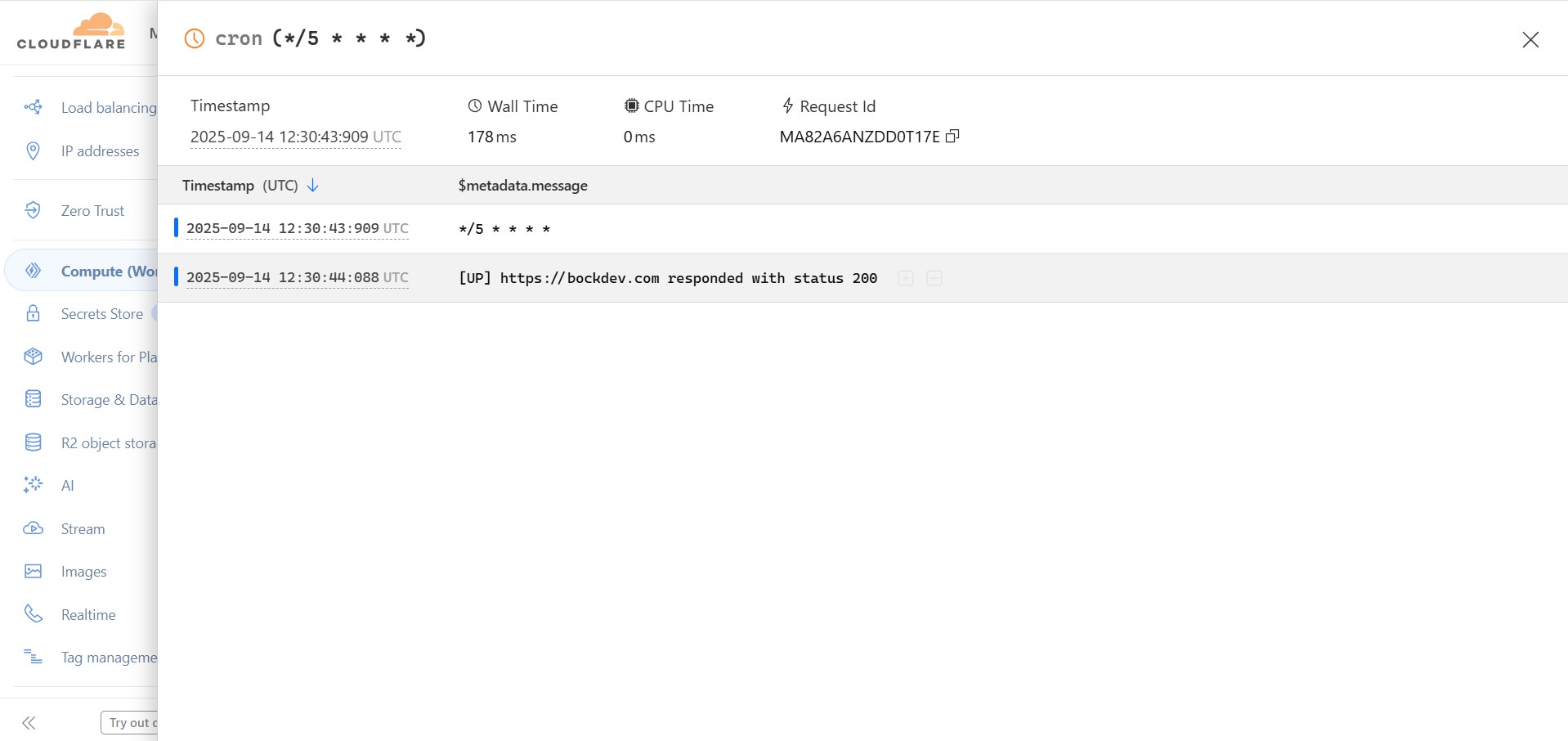 Cloudflare Workers Website Uptime Check Log.