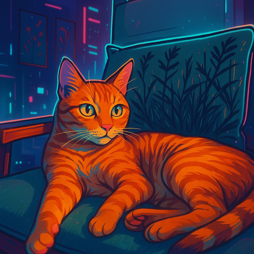 Cat Image with Ghibli + Cyberpunk Styles.