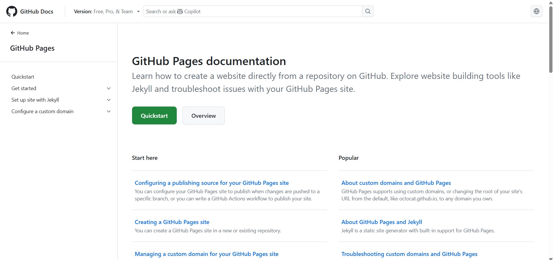 GitHub Pages' Document landing page.