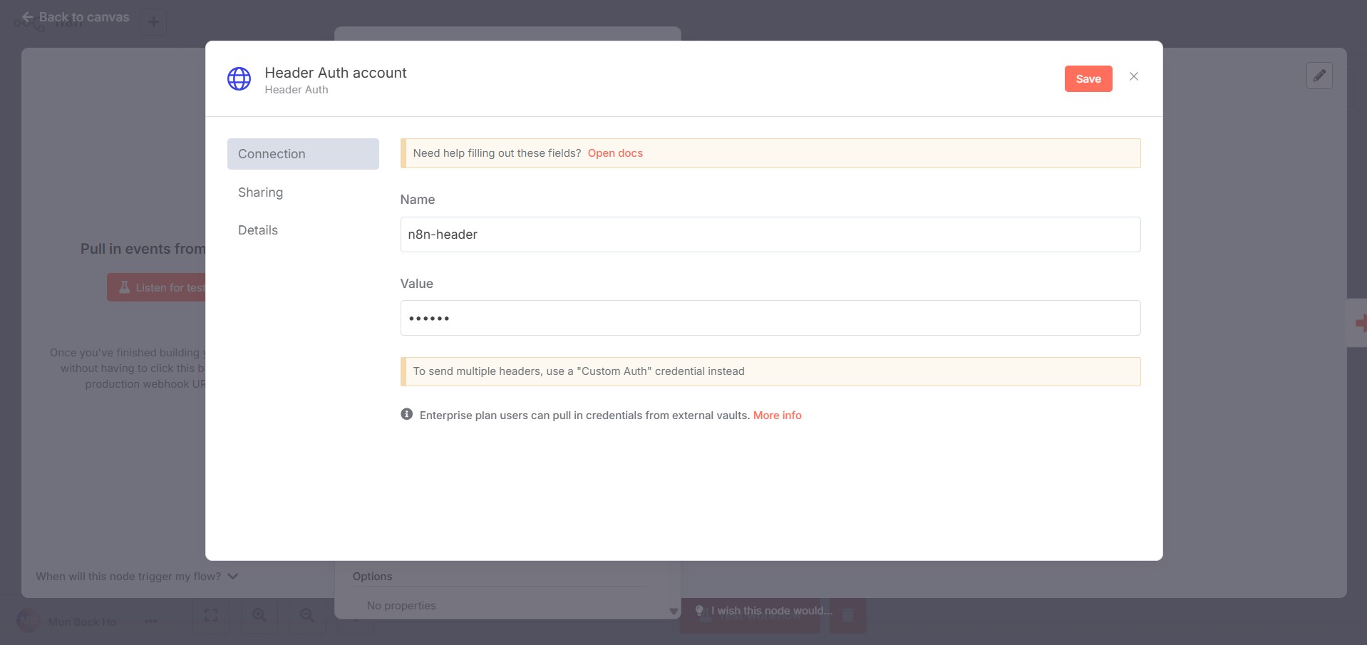 n8n webhook header auth config.