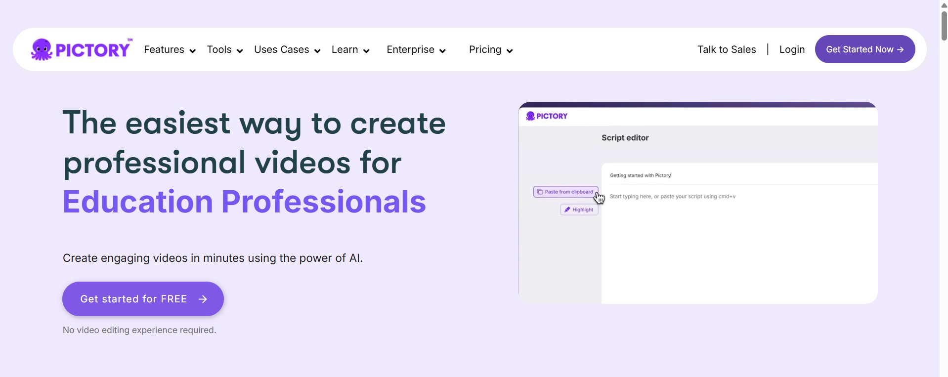 Pictory's landing page.