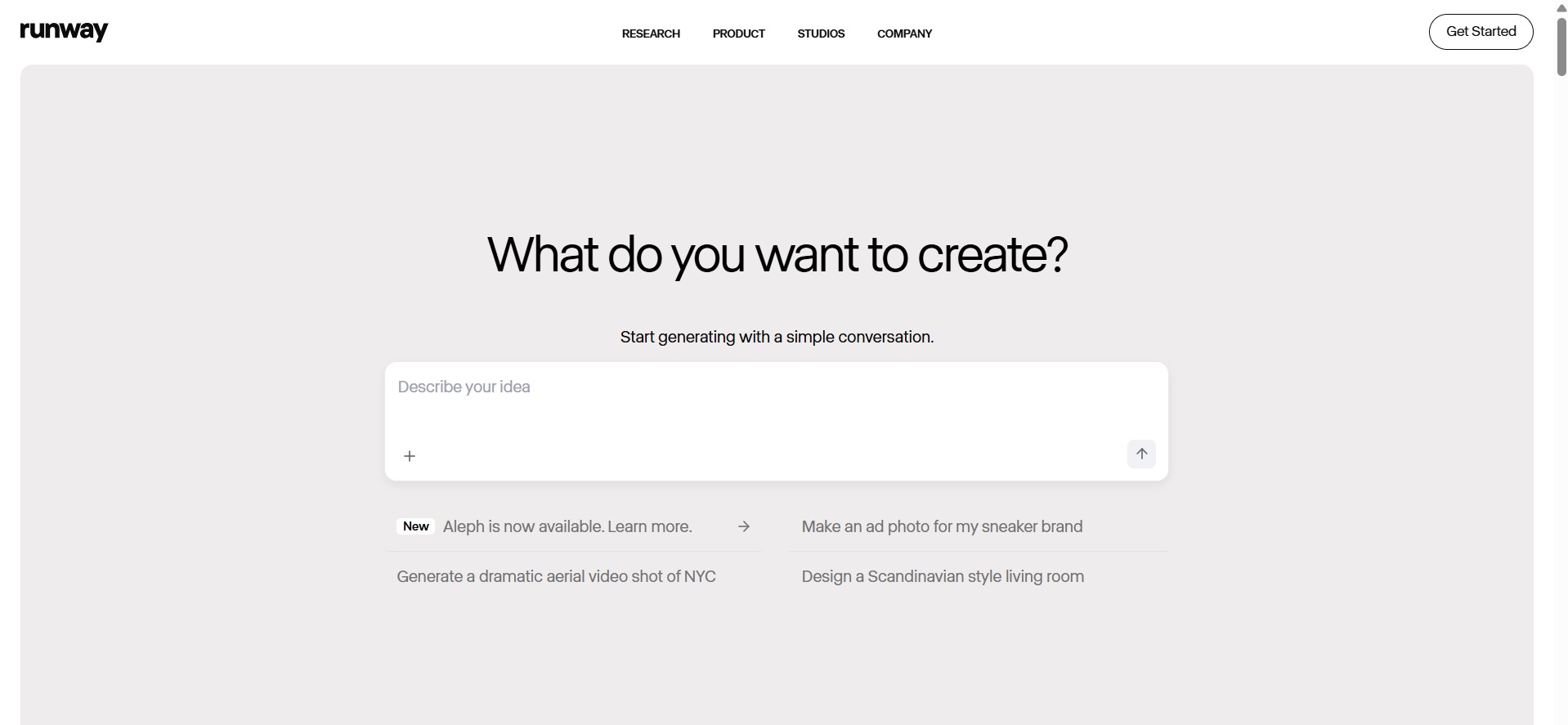 Runway's landing page.