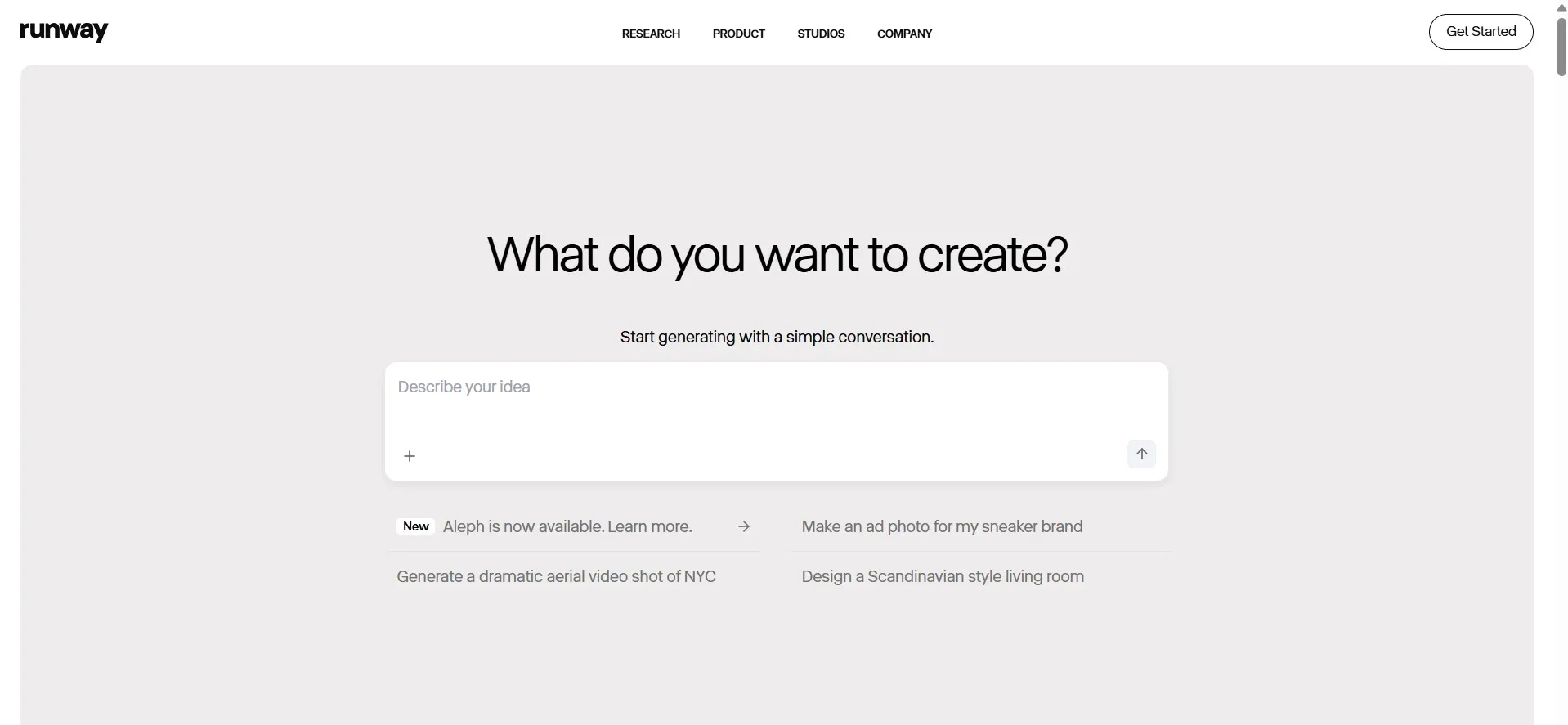 Runway's landing page.